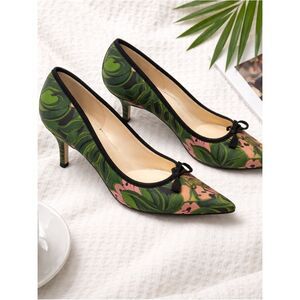 PRADA Canvas Green pink Leaf Bow Pointed Toe slip on Pumps high heels Size 37